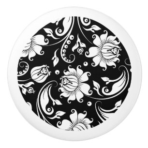Bouton De Porte En Céramique Motif élégant noir et blanc damas