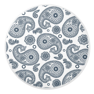 Bouton De Porte En Céramique Motif en cachemire bleu foncé indien sur blanc