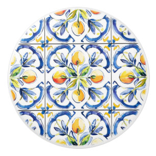 Bouton De Porte En Céramique Motif en carreaux de citron jaune