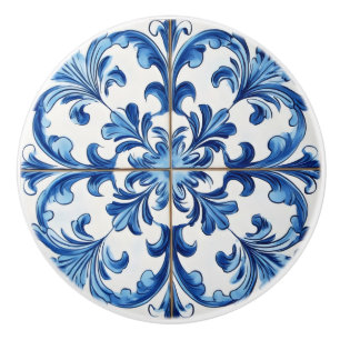 Bouton De Porte En Céramique Motif en carreaux italiens Bleu Blanc