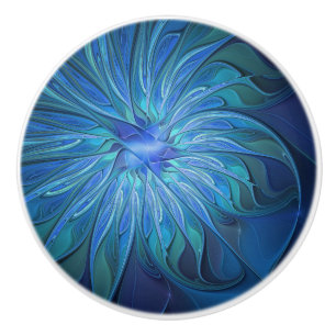 Bouton De Porte En Céramique Motif fantaisie fleur bleue, art fractal abstrait