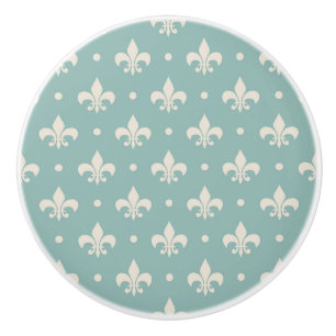Bouton De Porte En Céramique Motif Fleur De Lis grise sur fond turquoise