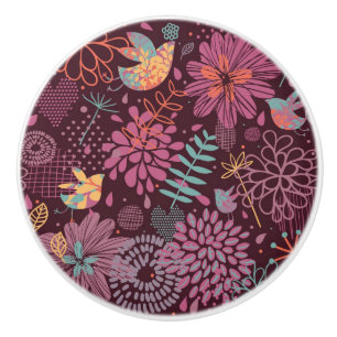Bouton De Porte En Céramique Motif floral abstrait avec des oiseaux