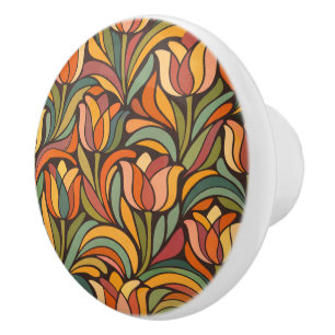 Bouton De Porte En Céramique Motif floral abstrait rétro tulipe