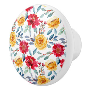 Bouton De Porte En Céramique Motif floral aquarelle ensoleillé en rose jaune