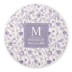 Bouton De Porte En Céramique Motif floral aquarelle lavande violet fleurs