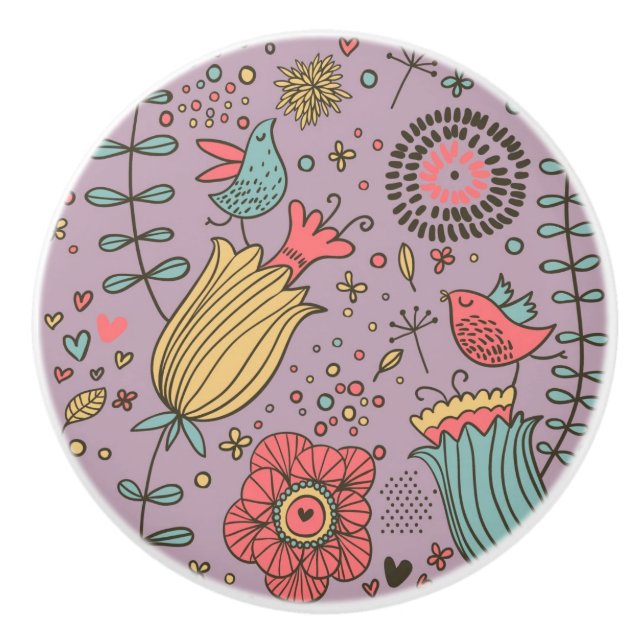 Bouton De Porte En Céramique Motif floral élégant avec des fleurs (Devant)