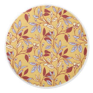 Bouton De Porte En Céramique Motif floral élégant avec feuilles rouges et bleue