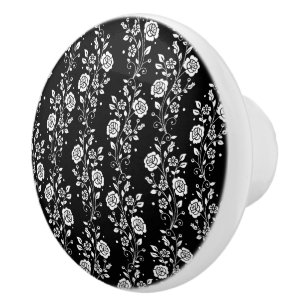 Bouton De Porte En Céramique Motif floral élégant noir et blanc