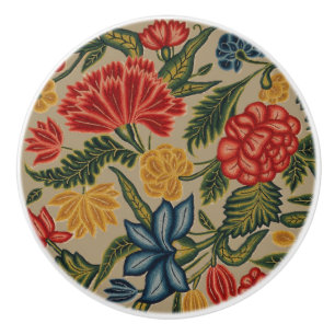 Bouton De Porte En Céramique Motif floral en broderie laine rouge et or vintage