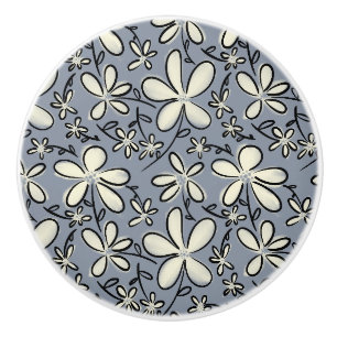 Bouton De Porte En Céramique Motif floral gris et crème