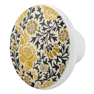 Bouton De Porte En Céramique Motif floral jaune et noir de style vintage
