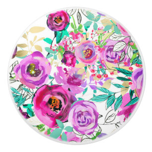Bouton De Porte En Céramique Motif floral moderne coloré rose violet