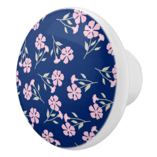 Bouton De Porte En Céramique Motif floral rose charmant sur fond bleu marine