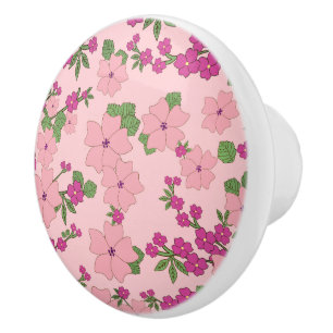 Bouton De Porte En Céramique Motif floral, rose pastel,