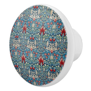 Bouton De Porte En Céramique Motif floral sur fond bleu de feuilles vertes