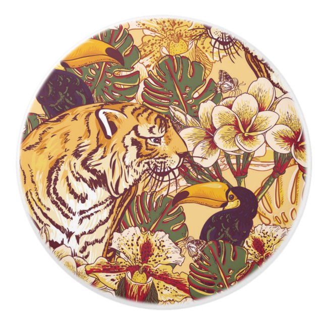 Bouton De Porte En Céramique Motif floral tropical avec le tigre (Devant)