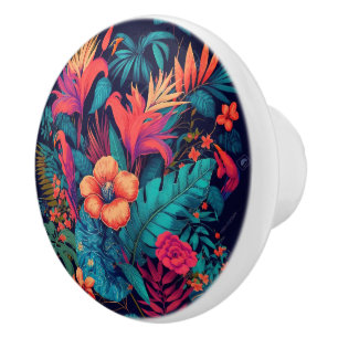 Bouton De Porte En Céramique Motif floral tropical coloré