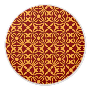 Bouton De Porte En Céramique Motif floral vibrant : Formes jaunes sur fond roug