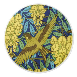 Bouton De Porte En Céramique Motif floral vintage bleu marine et jaune