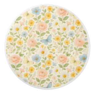 Bouton De Porte En Céramique Motif floral vintage coloré avec papillons