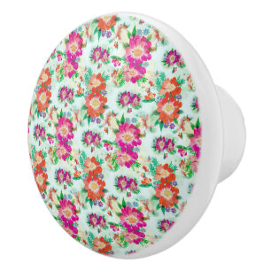 Bouton De Porte En Céramique Motif floral vintage rose et rouge