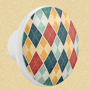 Bouton De Porte En Céramique Motif Jacquard vert rouge Vintage Arlequin