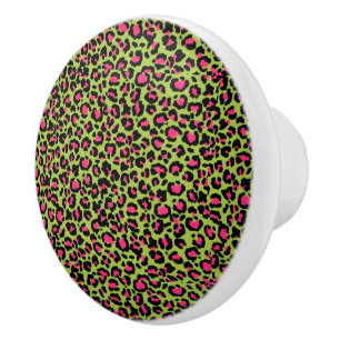 Bouton De Porte En Céramique Motif léopard en framboise sur fond vert citron