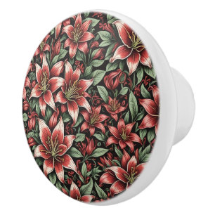 Bouton De Porte En Céramique Motif Lily Aztèque Rouge