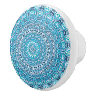 Bouton De Porte En Céramique Motif Mandala bleu et blanc