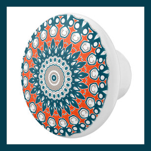 Bouton De Porte En Céramique Motif Mandala Corail et Sarcelle