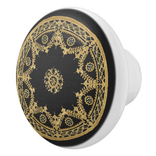 Bouton De Porte En Céramique Motif mandala noir et or élégant