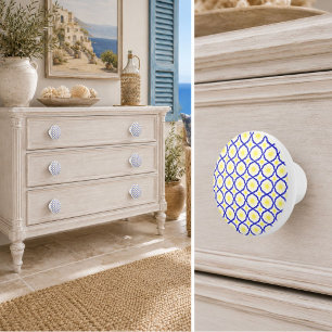 Bouton De Porte En Céramique Motif méditerranéen côtier bleu et jaune
