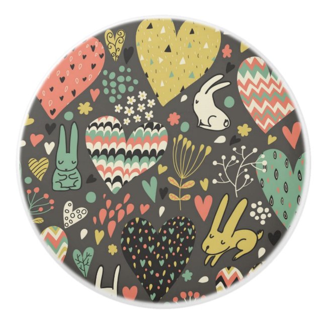 Bouton De Porte En Céramique Motif mignon de lapins d'amour avec des coeurs (Devant)