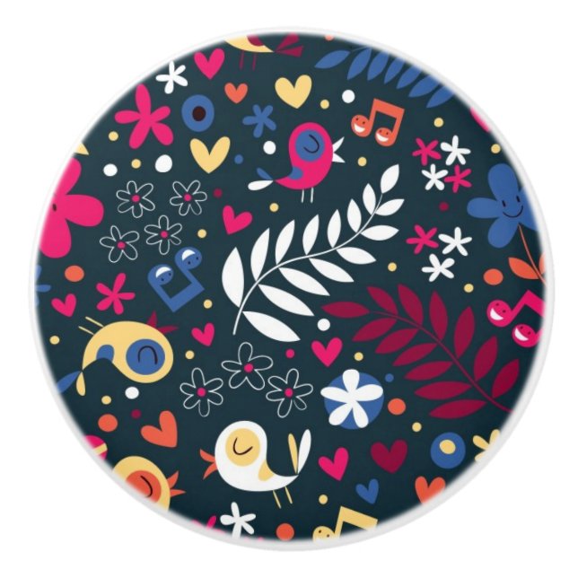 Bouton De Porte En Céramique motif mignon d'oiseaux et de fleurs (Devant)