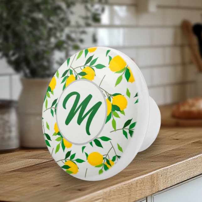 Bouton De Porte En Céramique Motif Monogramme Citrons et Feuilles  (Monogram Lemons and Leaves Artisan Ceramic Kitchen Knobs)