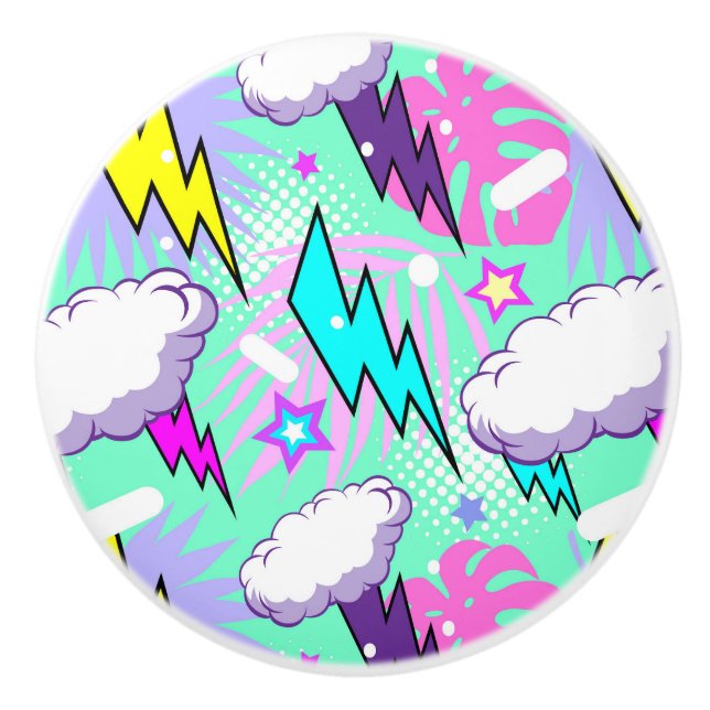 Bouton De Porte En Céramique Motif Neon Lightning Bolts & Stars (Devant)