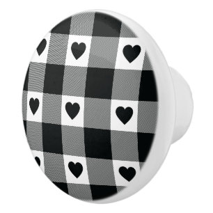 Bouton De Porte En Céramique Motif noir et blanc de coeur de buffle de plaid