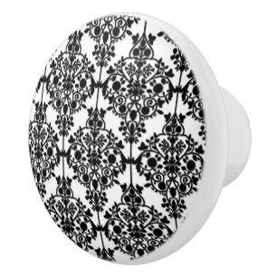 Bouton De Porte En Céramique Motif noir et blanc de damassé