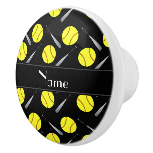 Bouton De Porte En Céramique Motif noir nommé personnalisé du base-ball