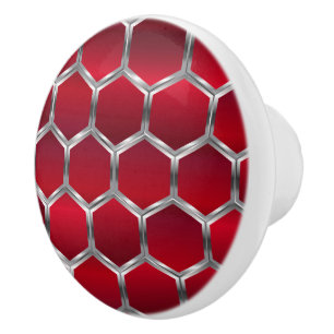 Bouton De Porte En Céramique Motif octogonal moderne rouge et gris argenté