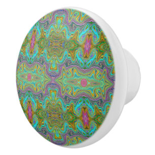 Bouton De Porte En Céramique Motif ondulé tripant bleu aqua et orange