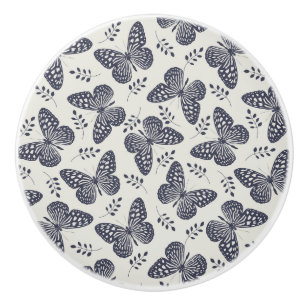 Bouton De Porte En Céramique Motif papillon bleu foncé sur arrière - plan gris