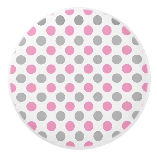 Bouton De Porte En Céramique Motif pois rose et gris (Devant)