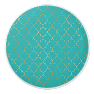 Bouton De Porte En Céramique Motif Quatrefoil turquoise et Gold