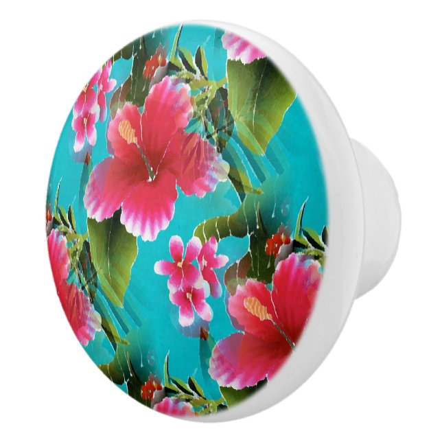 Bouton De Porte En Céramique Motif rose Turquoise Hawaiian Hibiscus Fleurs (Droite)