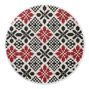 Bouton De Porte En Céramique Motif rouge noir blanc géométrique folk