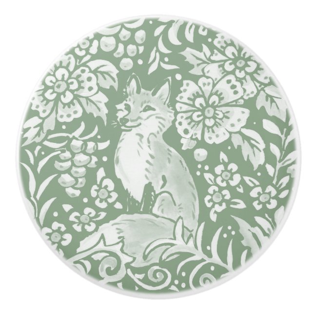 Bouton De Porte En Céramique Motif Sage Green White Woodland Animal Fox   (Devant)