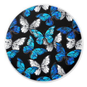 Bouton De Porte En Céramique Motif sans couleur foncée avec papillons bleus Mor
