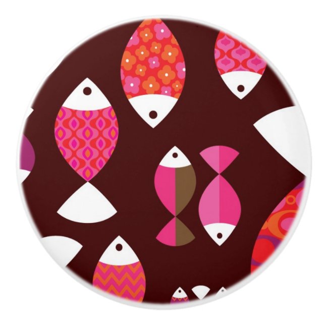 Bouton De Porte En Céramique Motif sous-marin de rétros poissons abstraits (Devant)